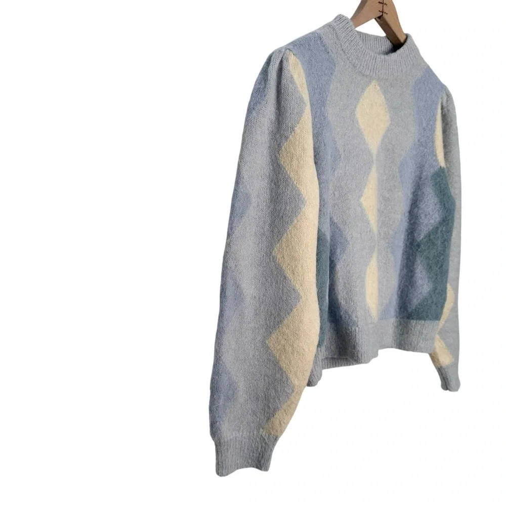 J. CREW Diamond Checked Argyle Cropped Crewneck Sweater Blue Cream Size Small